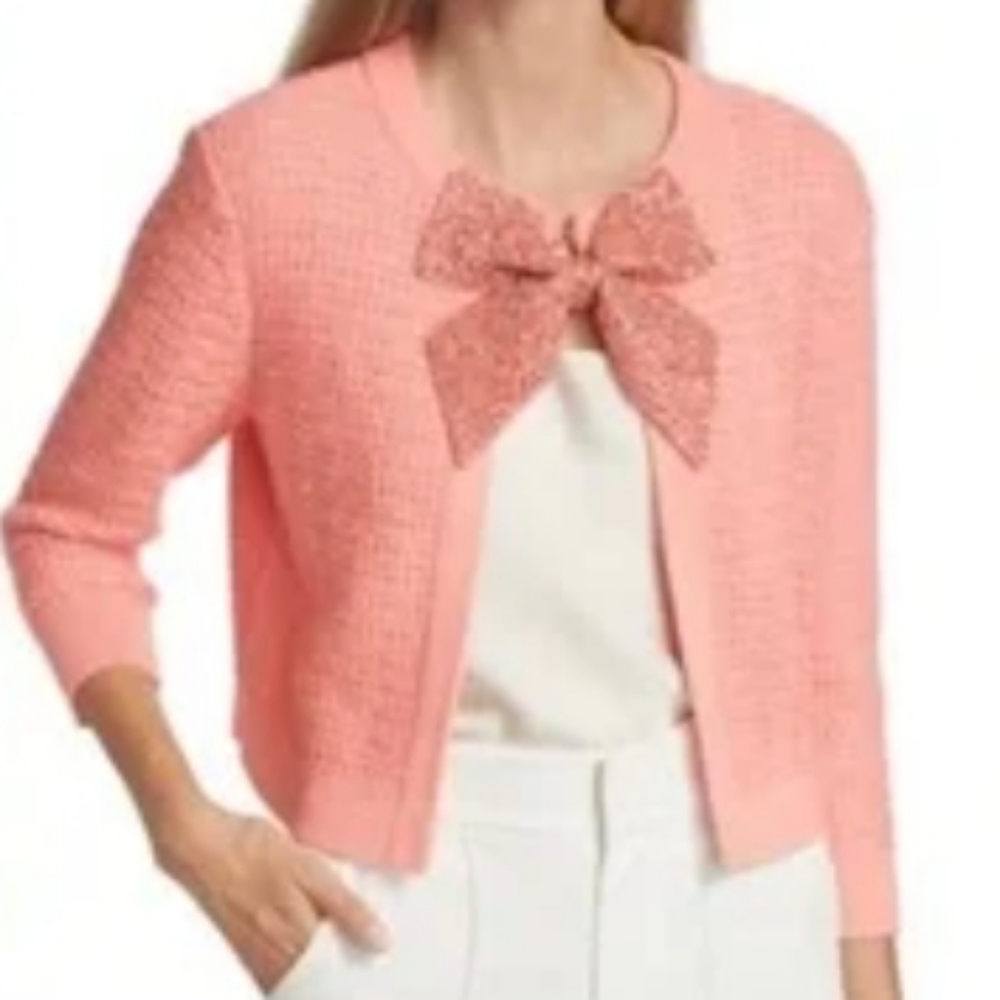 knit peach bow shrug sweater